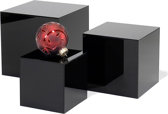 Red Co. Set of 3 Glossy Black Acrylic Cube Display Nesting Riser Stands with Hollow Bottoms