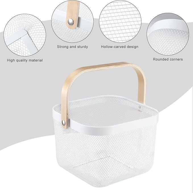 Roshtia 6 Pcs Metal Mesh Steel Basket with Handle, Square Wire Harvest Thanksgiving, Shopping Baskets for Retail Store Christmas Garden Bathroom Kitchen(8.46 x 8.46 x 6.5 Inch,White)