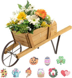 Wooden Wagon Planter, Flower Cart Display Stand w/Metal Wheels & Removable Magnetic Decoration, Wagon Decorative Garden Planter for Plants & Seasonal Displays, Pine Wood (Brown)