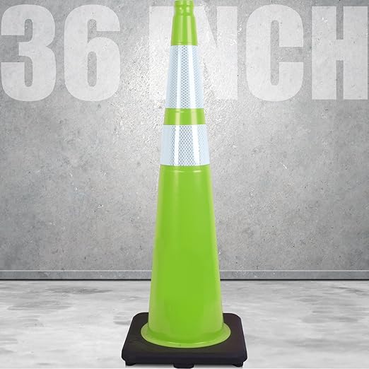 Fluorescent Orange/Green PVC Traffic Cones, Heavy Black Base Parking Lot Cone Structurally Stable Weatherproof Road Construction Safety Cones (4, Green, 36" Extra Large)
