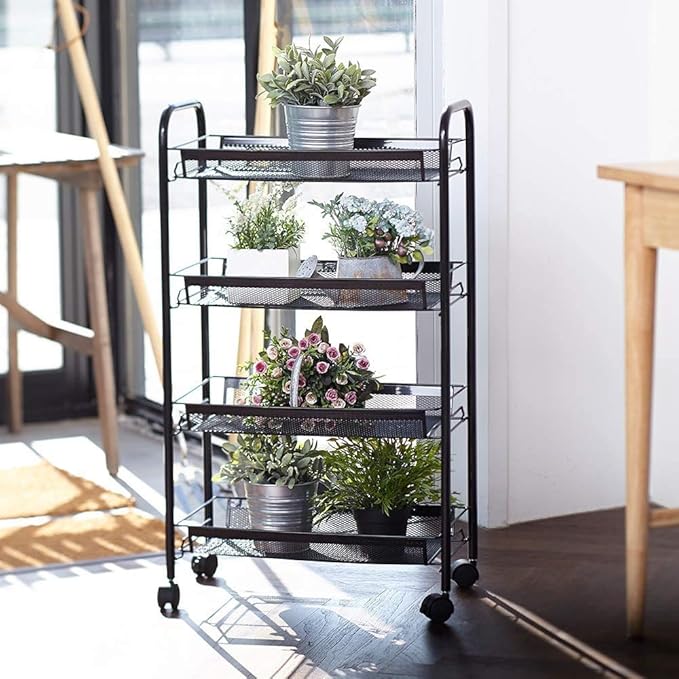 JANE EYRE Rolling Utility Storage Rack Cart on Wheels, Trolley Carft cart, Multi-Purpose Organizer Shelf (Black, 4 Tier)…