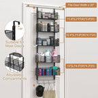 Over The Door Organizer, Metal Door Organizer Hanging with 5 Adjustable Baskets and Coat Hook, Behind The Door Storage for Bedroom Closet Bathroom Pantry Cabinet Kitchen, Black
