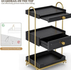 Barber Salon Trolley Cart w/Lockable Wheels, 3-Tier Rolling Beauty Cart with 2 Drawers & Dryer Holder, Mobile Beauty Trolley for Beauty Spa Barbershop(Black)