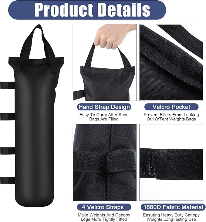 6 Pack Canopy Weight Sand Bags Black 168 LBS Large Canopy Support Frame Fixed Sandbag Windproof Sandbag Canopy Weight Bags for Instant Outdoor Sun Shelter Patio Umbrella, No Sand