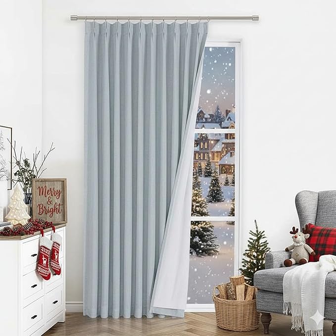 Vision Home Blue Fog Pinch Pleated Full Blackout Curtains Linen Blended Room Darkening Window Curtains 95 inch for Living Room Bedroom Thermal Insulated Pinch Pleat Drapes with Hooks 1 Panel 60"Wx95"L