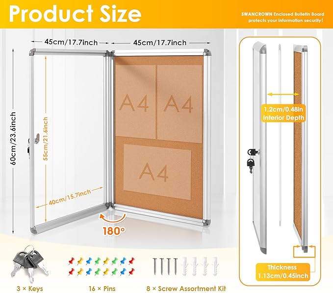 SWANCROWN Enclosed Bulletin Cork Board 24x18 in, Lockable Bulletin Board Tamperproof Wall Display Case for Office School Trade Community, Aluminum Frame