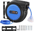VEVOR 65FT Retractable Extension Cord Reel, 12AWG/3C SJTOW Heavy Duty Power Cord w/Lighted Electrical Triple Tap Outlets, 15A Circuit Breaker,180° Swivel Bracket for Workshop or Garage, Blue