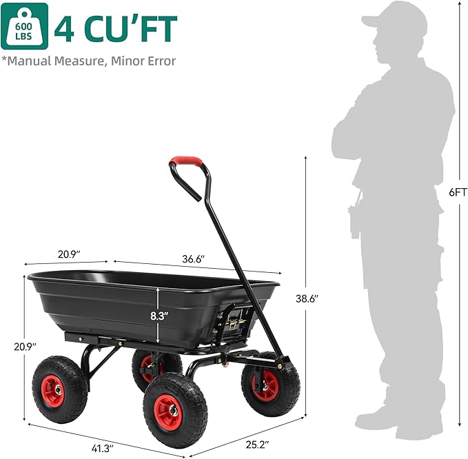 600lb Garden Dump Cart,4 Cu.Ft Utility Wagon Wheelbarrows with Quick-Release System&4 Pneumatic Tires,Heavy Duty Yard Dump Wagon with Steel Frame for Farm, Garden,Christmas Hauling(Black)