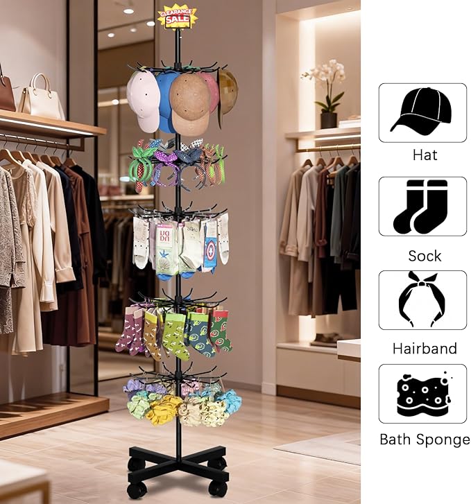 Retail Display Stand Store Display Rack 6 Tier Metal Spinning Display Stand Rack with Wheels Keychain Jewelry Stocking Hat Stand with Hooks for Malls, Showroom, Retail Store (6 Tier Black)