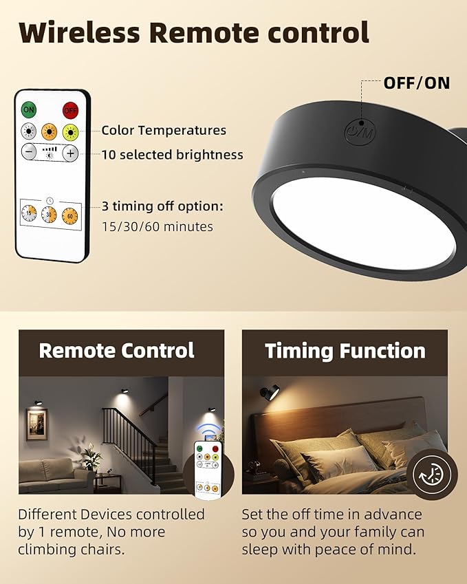 EZVALO LED Wall Mounted Lights, 5500mAh Rechargeable Wall Light Wall Sconces Lamp, 3 Color Temps & Remote and Touch Control, 360°Rotation Dimmable Cordless for Bedroom Reading Study Bedside (Black)