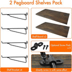 G.CORE 2 Pack Wooden Pegboard Shelves with Brackets, Peg Board Shelf Hooks Assortment Organizer Accessory, Various Tools Storage Arrange System Kit, for Garage Craft Workshop Workbench Hobby Office