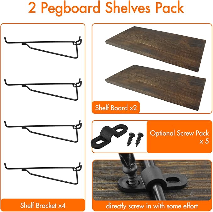 G.CORE 2 Pack Wooden Pegboard Shelves with Brackets, Peg Board Shelf Hooks Assortment Organizer Accessory, Various Tools Storage Arrange System Kit, for Garage Craft Workshop Workbench Hobby Office