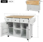 Yayzy Rolling Kitchen Island with Drop Leaf, Cabinet Door Storage Racks & 3 Drawers, Mobile Kitchen Cart with Rubberwood Top & Locking Wheels for Dining Room & Kitchen, 53-Inch, White