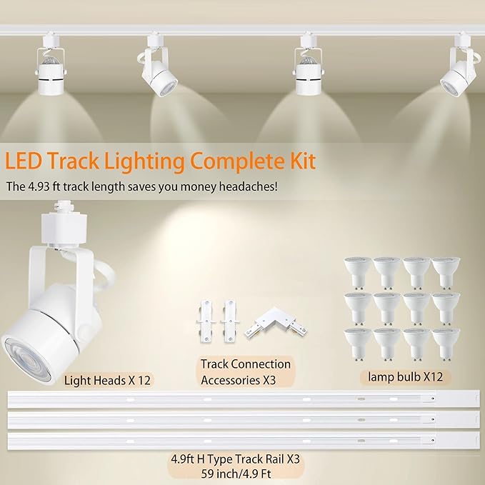 White Track Lighting Heads Kits, Dimmable 12-Light GU10 LED Track Lights Extended 14.76Ft H Type Track Rails 10W 3000K Natural Light Ceiling Spotlight Fixture with Replaceable GU10 LED Bulbs