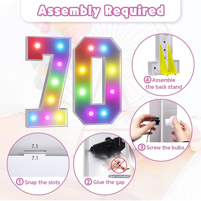 Marquee Numbers 70th Birthday Decoration: Colorful 3FT Large Light Up 70 Year Old Birthday Decorations Anniversary Backdrop Cardboard Sign 18 Colors Number 70 Mosaic Balloon Frame