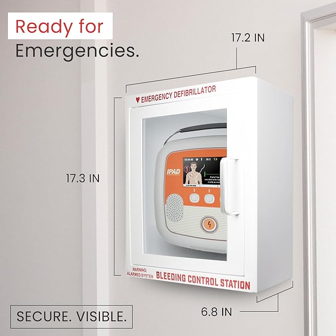 AED Defibrillator Wall Mounted Cabinet with Bleeding Control Kit Storage, 20-Gauge Steel, Large 17.4x17.3x6.9 Inch, Durable Metal Cabinet with Clear Window & Door Activated Alarm–Fits All AED Brands