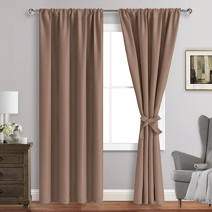 JIUZHEN Blackout Curtains for Bedroom - Thermal Insulated Room Darkening Rod Pocket Curtains for Living Room, Set of 2 Panels with Tiebacks, 38 x 84 Inch Length, Cappuccino