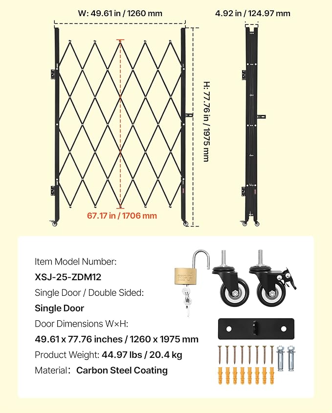 VEVOR Single Folding Security Gate, Lockable Scissor Gate with 360° Swivel Casters, Outdoor Barricade Steel Retractable Gates, for Entry Security, Garage, Warehouse & Pool, 49.61 x 77.76 in (W x H)