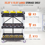 VEVOR Foldable Utility Service Cart, 165LBS 3 Shelf Heavy Duty Plastic Rolling Cart with 360° Swivel Wheels (2 with Brakes), Ergonomic Handle, Portable Garage Tool Cart for Warehouse Office Home