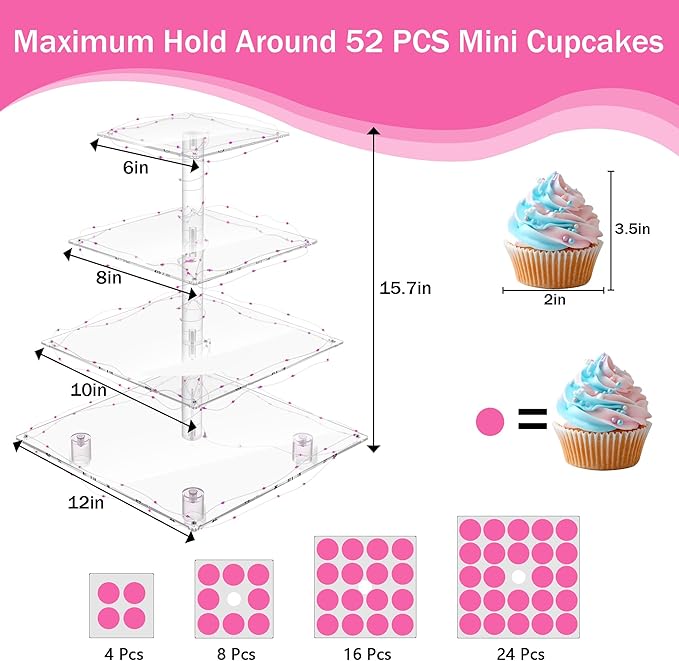 Cupcake Stand – Premium Cupcake Holder – Cady Bar Party Décor – 4 Tier Acrylic Tower Display for Pastry + LED Light String – Ideal for Weddings, Birthday (Pink Light)