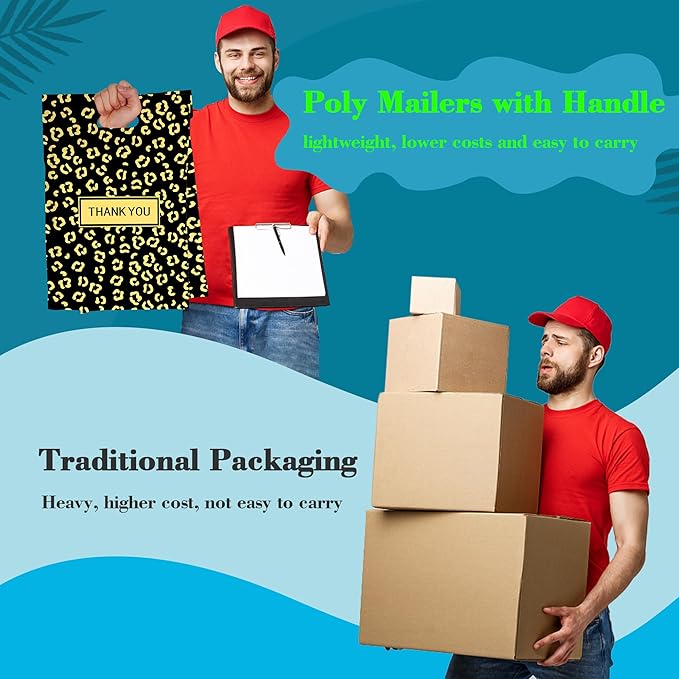JinRuiKJ Poly Mailers with Handle 12x15.5 Inch 50 Pcs, Easy to Carry Packaging Bags for Small Business, Thank You Shipping Bags with Self Adhesive Strip, Tearproof and Waterproof - Gold leopard