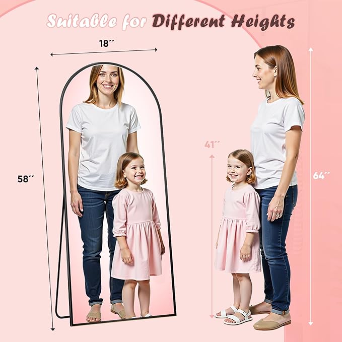 Full Length Mirror, 58" x 18" Arched Full Body Mirror Large Standing Floor Mirrors, Mirrors for Bedroom, Bathroom, Living Room Standing or Wall Leaning, Black