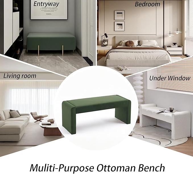 Velvet Entryway Bench End of Bed Bench Upholstered Modern Window Bench Comfy Ottoman for Dining Room/Bedroom/Living Room/Hallway/Indoor (Olive Green)