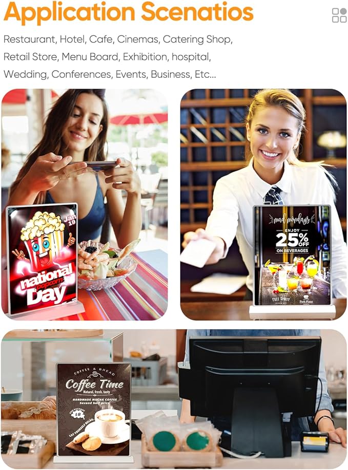 A4 Size Tabletop LED Sign Holder, Brightness Adjustable Desktop Advertising Light Box, Charged via USB, Durable Light up Menu Holder for Restaurants, Bars, Hotels, Stores, Offices, Wedding