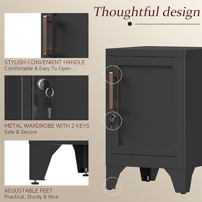 Bestoo Metal Locking Cabinet, 23.6" H Locker with 1 Magnetic Door and 1 Adjustable Shelve, Small Lockable Nightstand, Black Bedside Storage Cabinets for Bedroom, Home, Office, School