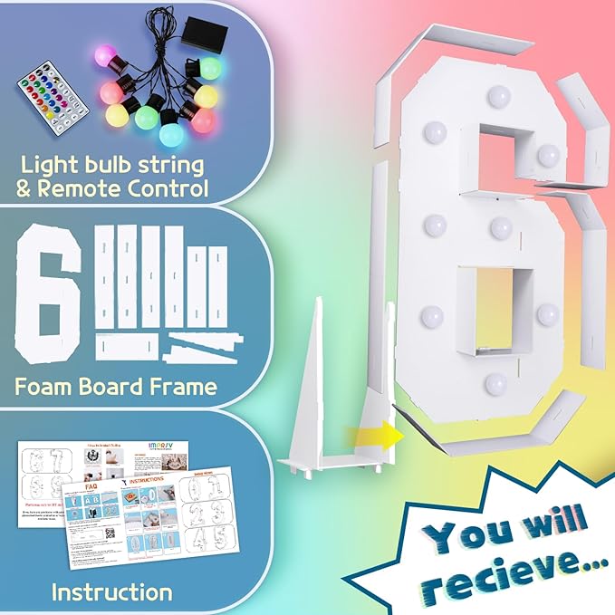 imprsv 3FT Colorful Marquee Numbers,18 Colors with Remote, Light Up Numbers 6 for 16th 60th Birthday Decorations Anniversary Party Decor, Pre-Cut Foam Board Kit, Mosaic Sign for Balloon