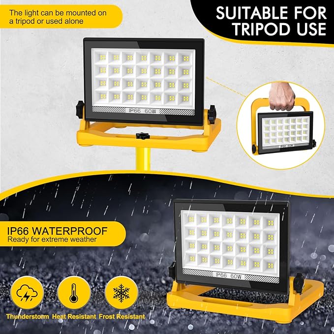 LED Work Light, 60W 6000LM Work Lights on Stand，LED Flood Light Outdoor 13ft Cord with Plug, 3 Modes, Magnetic Base, Hook Design Portable Work Light for Workshop, Garage, Construction Site