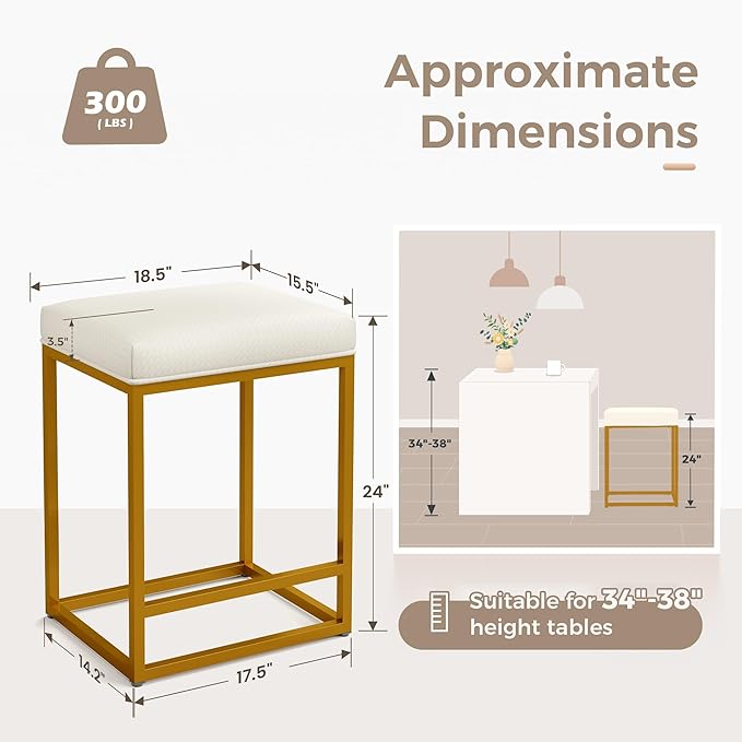MAISON ARTS White & Gold Counter Height 24" Bar Stools Set of 2 for Kitchen Counter Modern Barstools Upholstered Faux Leather Square Stools Backless Farmhouse Island Chairs, 24 Inch Height