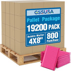 GSSUSA Pink Bubble Mailers 4x8 Inches 19200 Pack, Usable Size 4X7" Bubble Envelopes for Small Business, 1 Pallet Padded Envelope, Shipping Mailers, Packaging Bags, Mailing Envelopes, Shipping Supplies