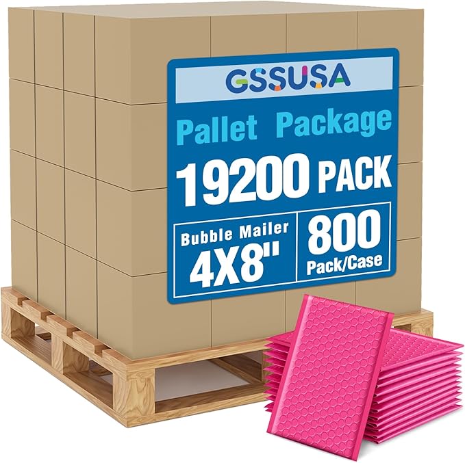 GSSUSA Pink Bubble Mailers 4x8 Inches 19200 Pack, Usable Size 4X7" Bubble Envelopes for Small Business, 1 Pallet Padded Envelope, Shipping Mailers, Packaging Bags, Mailing Envelopes, Shipping Supplies