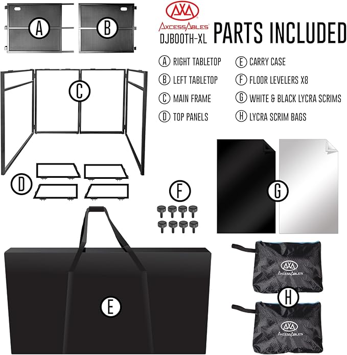 AxcessAbles DJ BOOTH XL 58" wide x 29" deep DJ Facade Table | Portable Extra Wide DJ Table Booth with Black and White Scrims, Carry Cases | Large DJ Controller Stand | Music Mixer Stand