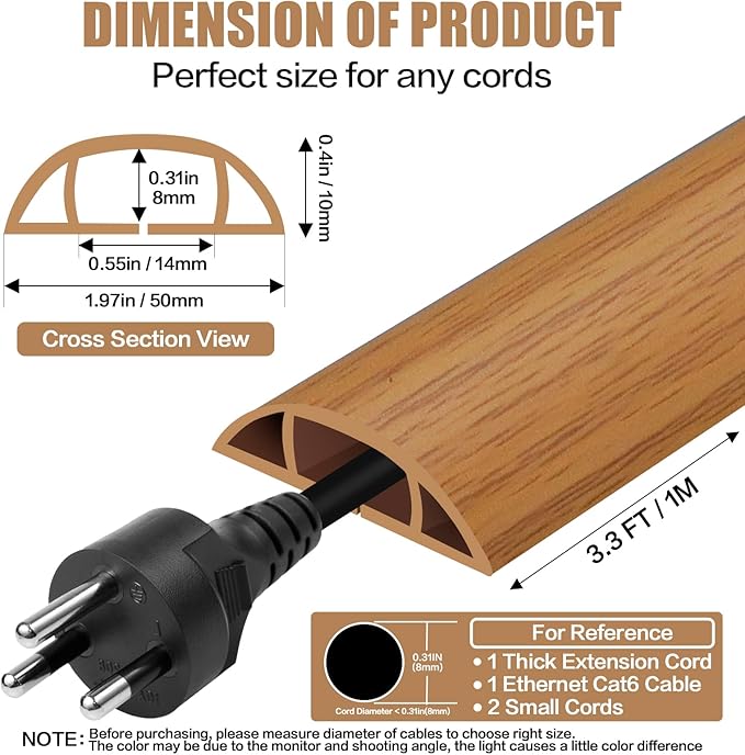 Floor Cord Cover Self Adhesive Cord Hider,3.3FT Cable Management, Extension Strip Protector for Wires, Prevent Cable Trips for Offices, Gyms, Exhibitions Cavity:0.47"(W) x 0.35"(H) Brown Wood