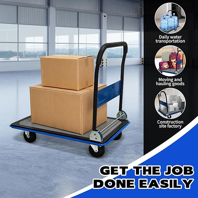 660lbs Large Size Heavy Duty Blue Flatbed Cart, Foldable Steel Platform Dolly with 360° Swivel Wheels, Silent Utility Push Hand Truck for Warehouse & Home