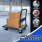 Blue Folding Platform Hand Truck 330 lbs Capacity, Heavy Duty Flatbed Dolly with 360° Swivel Silent Wheels, Foldable Steel Push Cart for Warehouse, Office, and Home Storage