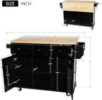 Yayzy Rolling Kitchen Island with Drop Leaf, Cabinet Door Storage Racks & 3 Drawers, Mobile Kitchen Cart with Rubberwood Top & Locking Wheels for Dining Room & Kitchen, 53-Inch, Black