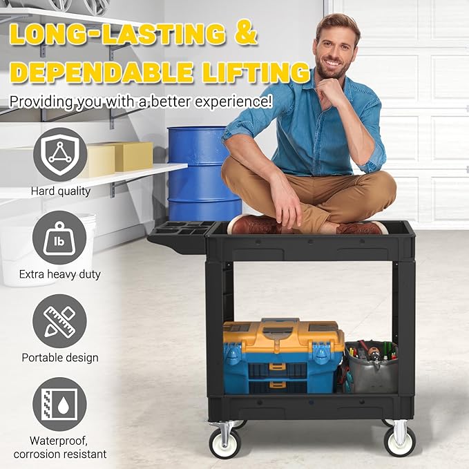 Heavy Service Utility Cart on Wheels,Tool Cart on Wheels, Service Cart for Garage, Warehouse, Workshop, Office, Cleaning (Black-40.6 inch)