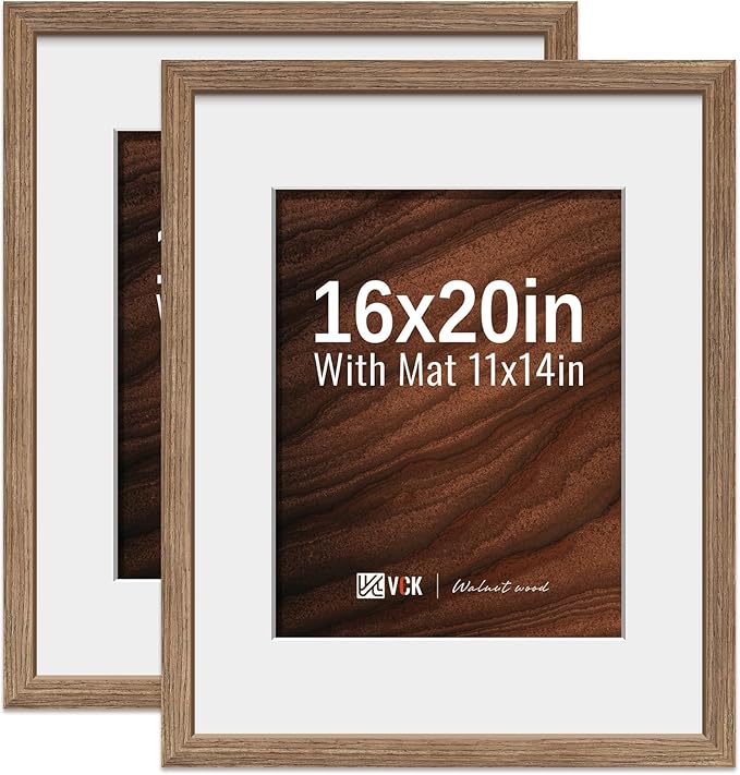 VCK 16x20 Picture Frame 2 Pack - Walnut, High-End Wood Poster Frames with Tempered Glass, Display 11x14 Photo with Mat or 16x20 without Mat, Art Gallery-Quality, Wall Hanging, Walnut