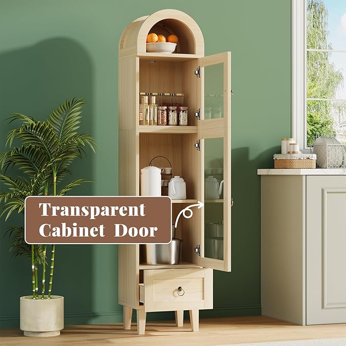 71” Tall Arched Pantry Cabinet with Glass Door, Display Cabinet Organizer with Drawer, Versatile Pantry with Top-Opening Storage Container for Living, Kitchen Dining Room, Natural