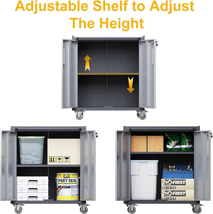 Metal Storage Cabinet with Wheels, Lockable Rolling Tool Chest with Adjustable Shelf & Handle & 2-Doors, Mobile Steel Locker for Garage, Home, Office, School, Assembly Required, Black&Grey