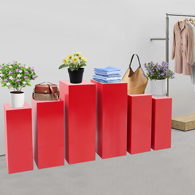 6Pcs Metal Display Pedestal Stands, Square Flower Display Pillars Rack for Wedding Party Decor, Dessert Table Display Cake Plant, Column Decorative Cube (Red, 6PCS)
