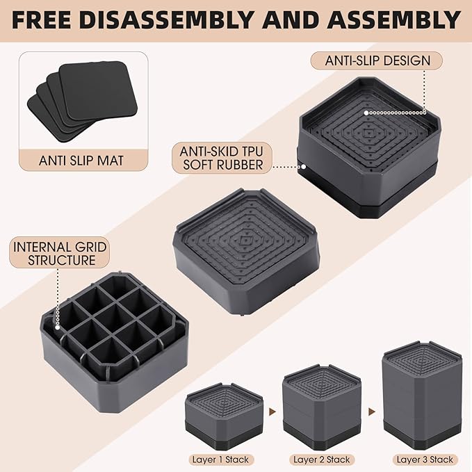 Furniture Risers Bed Risers - Rectangular Adjustable Block Riser for Raising 1.5-3 in. & 4.3 in. Beds, Tables, Sofas, Refrigerators, Washers - Up to 4,000 Pounds (Grey, Two Layers 3inches)