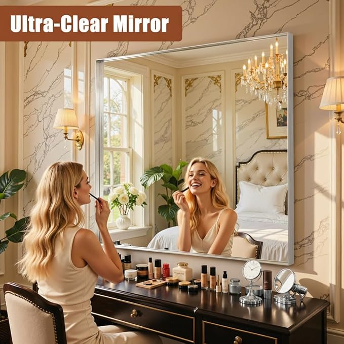 40"x32" Silver Framed Bathroom Mirror, Large Rectangular Vanity Mirror, Aluminum Metal Frame, Wall Farmhouse Modern Wall-Mounted Mirrors for Bathroom, Bedroom, Living Room, Over Sink