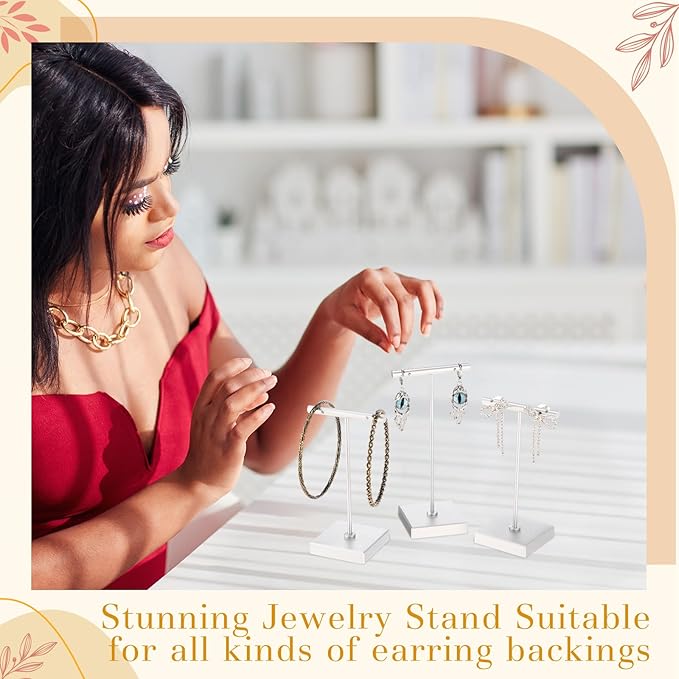 Kigeli 6 Pack Metal T Bar Earring Display Stand Retail Earring Display Holder Detachable Metal Earring Display Storage Rack Jewelry Photography Prop, Square Base, Height 4.3" and 5.1" (Silver)