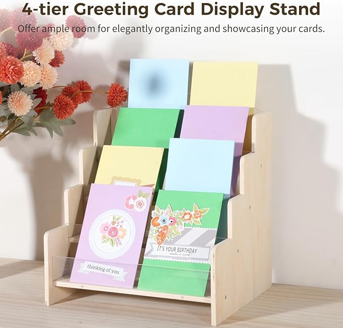 OMISTAR Greeting Card Display Stand, 4-tier Wooden Acrylic Sticker Display Rack, Portable Card Organizers, Blank Retail Display Shelf, Postcard Storage Holder for Counter, 11.8×9.8×11.8 in