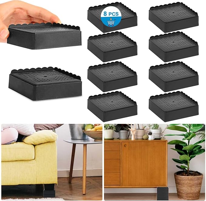 Bed Risers 1 inch, 2 inch, 3 inch, 4 inch Heavy Duty, Adjustable Furniture Riser for Table Desk Couch Sofa Chair Recliner Leg Frame Dorm, Stackable Bed Raisers Blocks (Black 4 Pack, 1+1 inch)