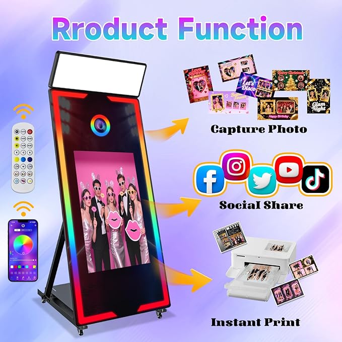 Magic Mirror Photo Booth 65" with 32" Touch Screen Selfie Mirror Photo Booth Machine with Flight Case Remote Control Ring Light for Event Rental Wedding Party (65-32in White)
